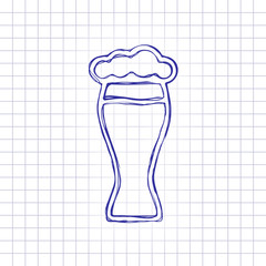 Beer glass. Simple linear icon with thin outline. Hand drawn picture on paper sheet. Blue ink, outline sketch style. Doodle on checkered background