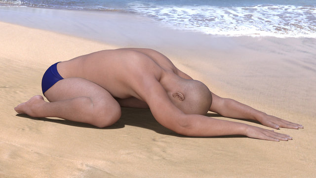 Yoga man in balasana or child's pose on a sandy beach. Horizontal 3d render.