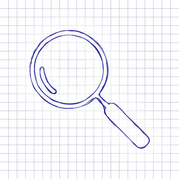 Loupe, search or magnifying. Linear icon, thin outline. Hand drawn picture on paper sheet. Blue ink, outline sketch style. Doodle on checkered background