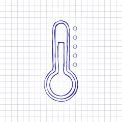 Simple thermometer icon. Hand drawn picture on paper sheet. Blue ink, outline sketch style. Doodle on checkered background