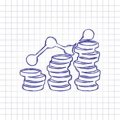 Coins stack, finance grow. Hand drawn picture on paper sheet. Blue ink, outline sketch style. Doodle on checkered background
