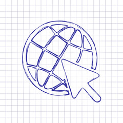 Globe and arrow icon. Hand drawn picture on paper sheet. Blue ink, outline sketch style. Doodle on checkered background