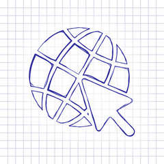 Globe and arrow icon. Hand drawn picture on paper sheet. Blue ink, outline sketch style. Doodle on checkered background