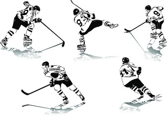 set of vector silhouettes ice hockey players