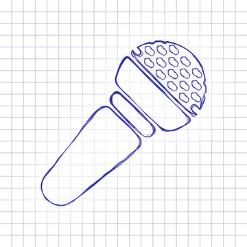 Hands microphone icon. Hand drawn picture on paper sheet. Blue ink, outline sketch style. Doodle on checkered background