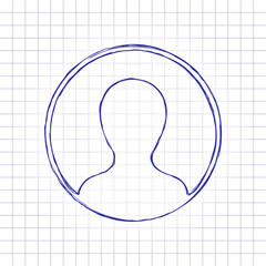 Profile, person in circle. Hand drawn picture on paper sheet. Blue ink, outline sketch style. Doodle on checkered background