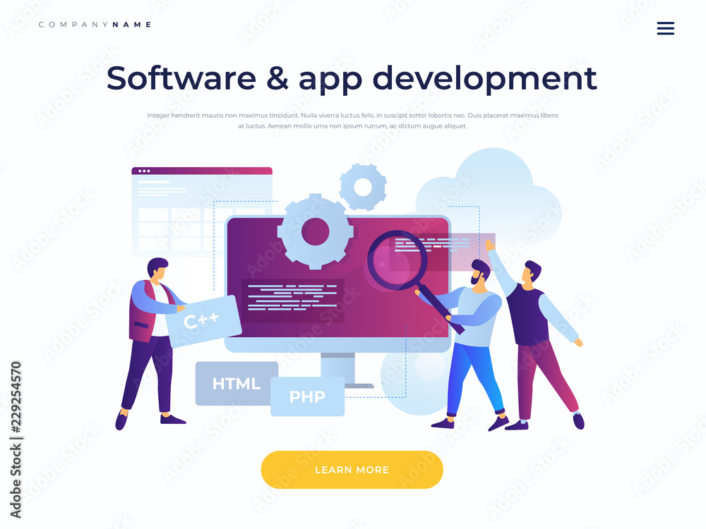 Wall mural landing page template. concept of software development and applications. team of young cartoon staff