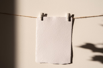 Wedding Empty card mockup, ,Wall Art Mockup,Print hanger Mockup. Wall and leaves shadows in sunligjhts. Classic view