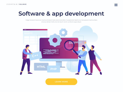 Landing page template. Concept of software development and applications. Team of young cartoon staff is working on programming site. Cooperation in web agency. Vector flat illustration.