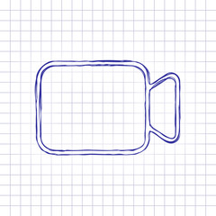 Video camera icon. Linear, thin outline. Hand drawn picture on paper sheet. Blue ink, outline sketch style. Doodle on checkered background