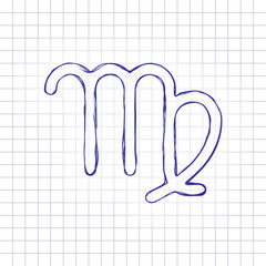 Astrological sign. Virgo simple icon. Hand drawn picture on paper sheet. Blue ink, outline sketch style. Doodle on checkered background