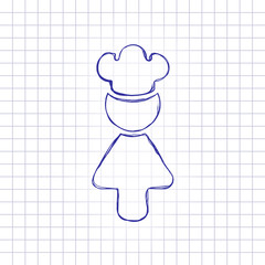 Chef woman simple silhouette. Kitchen icon. Hand drawn picture on paper sheet. Blue ink, outline sketch style. Doodle on checkered background