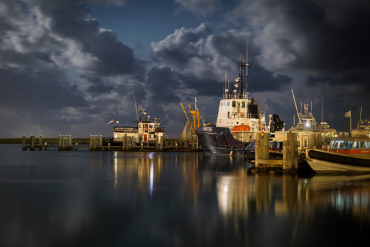 Ships in the harbor of West-Terschelling, an island in the wadden sea