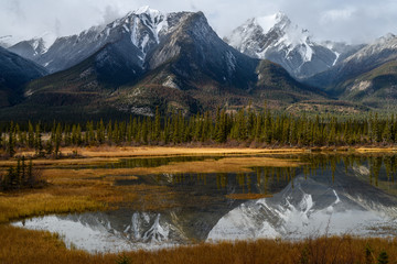 Esplanade Mountain, Whitecap Mountain and the Gargoyle Mountain reflecting in the Athabasca River in Jasper National Park