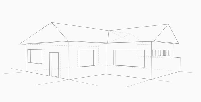 House technical drawing, sketch hidden lines