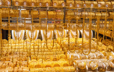the gold souk or market in Dubai city, Deira. United Arab Emirates