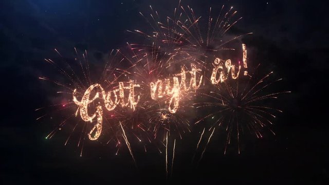Happy New Year greeting text in Swedish with particles and sparks on black night sky with colored slow motion fireworks on background, beautiful typography magic design.