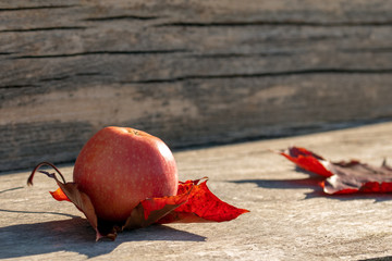 Red apple on a red autumn leaf on the table.