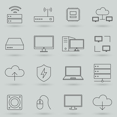 Simple Set of Computer Components Related Vector Line Icons. Contains such Icons as CPU, RAM, Power Adapter, Cables and more. Flat design