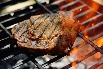 appetizing big barbecue steak on the grill on the background of fire and hot coals close-up
