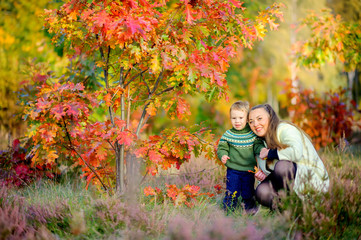 mother walks with her little son in a beautiful autumn park