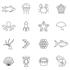 Simple Set of Sea Food Related Vector Line Icons. Contains such Icons as Shrimp, Oyster, Squid, Crab and more. Flat design