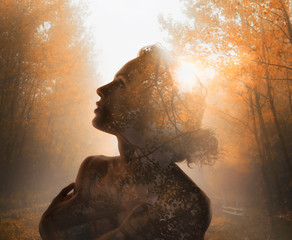 Girl with tree inside. Concept of autumn. Double exposure