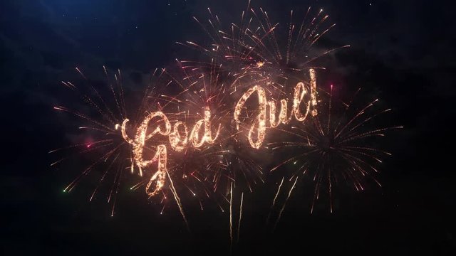 Merry Christmas greeting text in Swedish with particles and sparks on black night sky with colored slow motion fireworks on background, beautiful typography magic design.