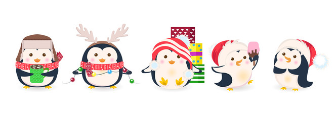 Fototapeta na wymiar Cute penguins set. Xmas cartoon vector illustration. Christmas penguin characters