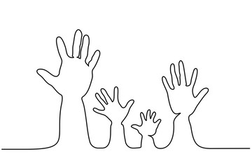 Continuous one line drawing. Abstract family hands parents and children. Vector illustration