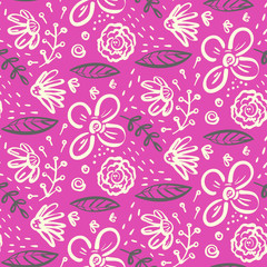 Fototapeta na wymiar Bright pink linear floral seamless pattern with white flowers and contrast dark leaves. Doodle spring hand drawn texture for textile, wrapping paper, cover, surface, wallpaper, background