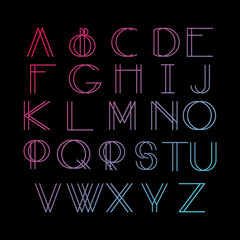 Thin line style, linear modern font, typeface made in minimalistic style. Latin alphabet letters. Vector design element. Type for cards, poster, banners, prints, logotypes.