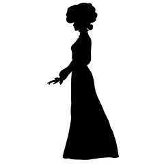 Female slim silhouette in long dress, large round hat of early 20th century, frill, combed hair, top knot. For posters, prints, design, covers, fabric, logos, interior decor, shop, banners, decoupage