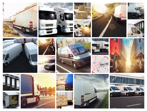 Collage composition with vans and trucks. Concept of transport and logistic