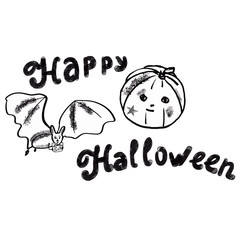 Festive Illustration with bat, pumpkin, hand drawn title Happy Halloween. Cozy design for prints, banners, invitation, cards, covers, posters, fabric, surface, interior.