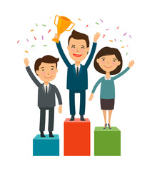 Business people on the pedestal. Success, achievement concept. Cartoon vector illustration