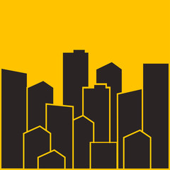 Cityscape. City modern buildings, housing district, town homes. Black silhouette on bright yellow background. Vector illustration