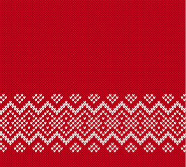 Fototapeta na wymiar Christmas knit geometric ornament with empty place for text. Knitted textured background. Knitted red pattern for a sweater