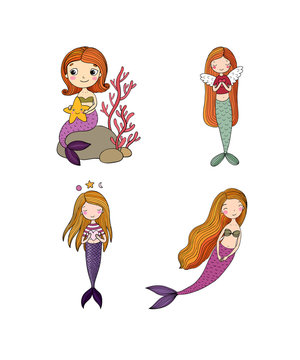 Cute cartoon little mermaid. Siren. Sea theme.