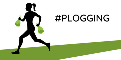 Woman running with two litter bags in her hands. Plogging mode. Vector illustration. Eps 10.