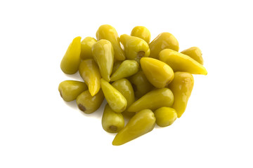 Marinated chili peppers on a white background. A few pickled chili peppers close-up isolated on a white background.