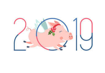 happy 2019 year with pig jumping through the number 0