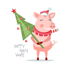 Cute new year pig character with christmas tree, wearing a scarf and a Santa Claus hat