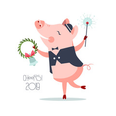Cute new year pig character with christmas wreath, dressed in hat and bow tie