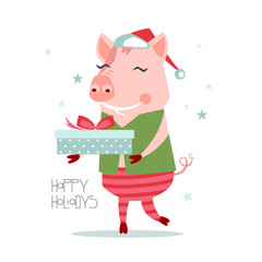 Cute new year pig elf character with gift