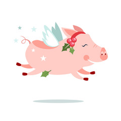 Cute new year flying jumping pig character with wings