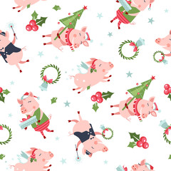 Funny cute pig characters new year seamless pattern