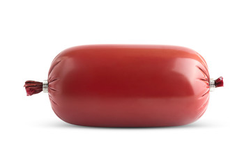 Boiled sausage in the package on a white background. Sausage in plastic peel isolated on white...