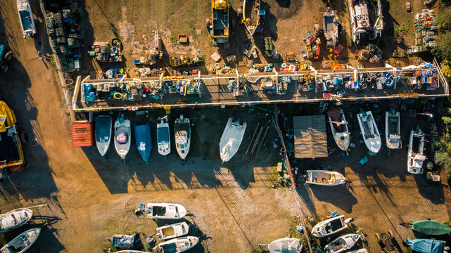 Aerial top down shot of a fishing boat yard in Hornsea, UK - Autumn 2018