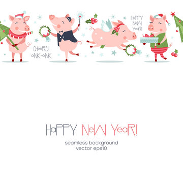 Pigs New Year seamless pattern card with Christmas tree, gift funny characters